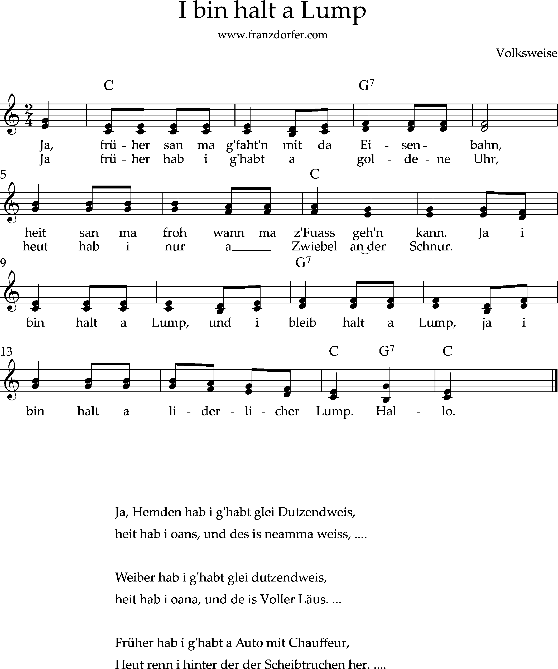 Noten mit Akkordbezifferung, I bin's halt a lump Noten, i bin halt a Lump, 2stimmig, C-Dur